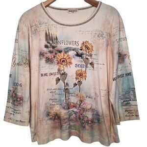 Vintage Y2K Studio Gem Sunflower Shirt XXL Cottagecore Garden Flowers Studded